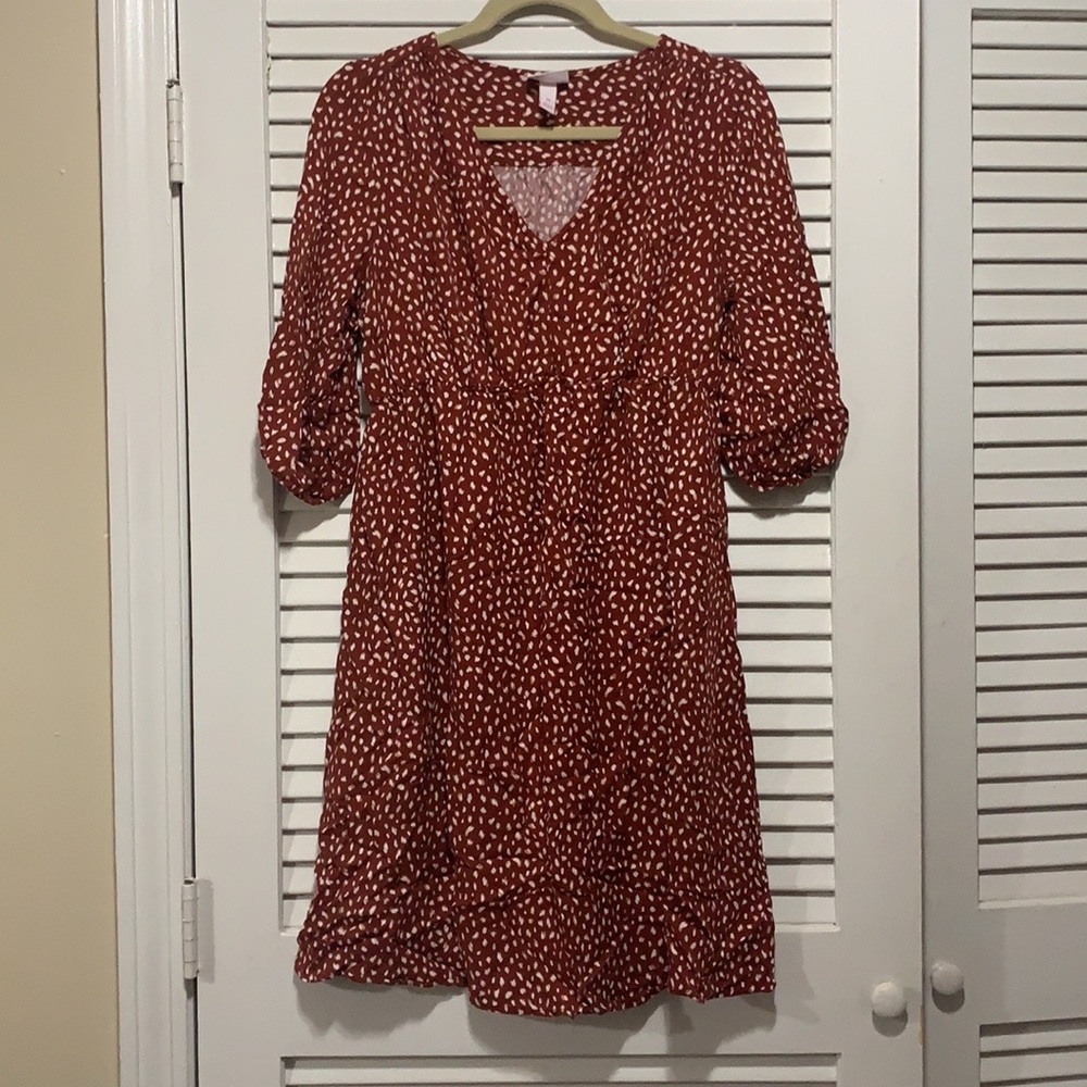 Rust colored dress with creme colored dots